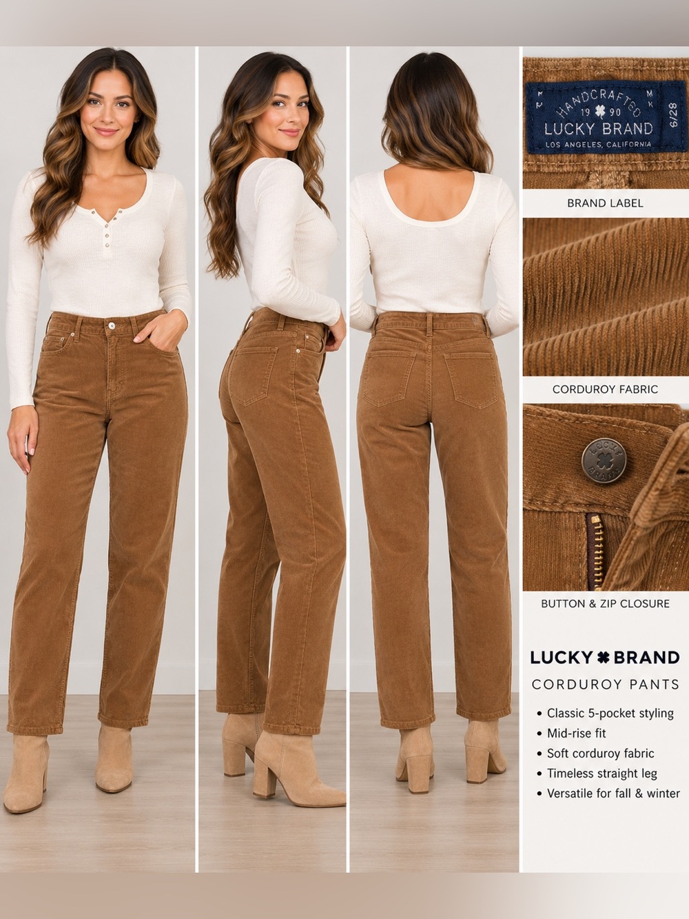 Lucky Brand Women's Corduroy Straight-Leg Pants in Caramel Brown Size 6/28